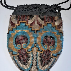 Antique Victorian Micro-Beaded Geometric Design Drawstring Purse