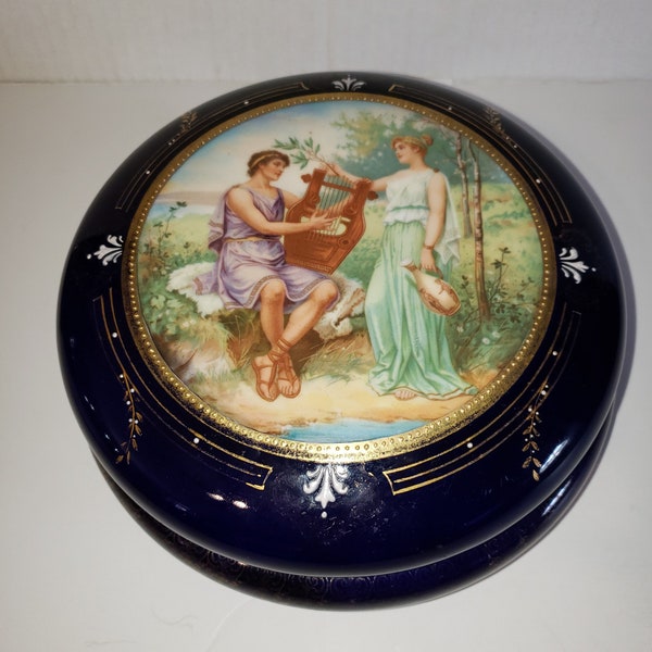 Antique Alexandra Porcelain Works Royal Vienna Cobalt Round Large Dresser Box