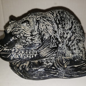 Vintage Aardvark Canada 1972 Bear with Fish Carved Soapstone Figurine