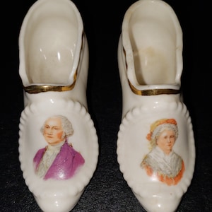 Vintage Rare Miniature Pair of George and  Martha Washington Porcelain Decorative Shoes
