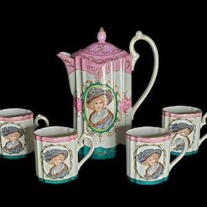 Antique Royal Vienna Victorian Gibson Girl Chocolate/Tea Pot with 4 cups