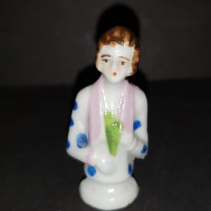 Antique Japan Porcelain China Short Brown Hair Half Doll Whisk Pin Cushion