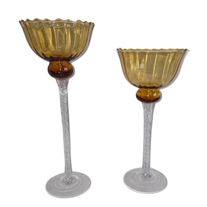 VTG Pair 1970’s Italian Amber & Clear Art Glass Candleholder Vases with Stem