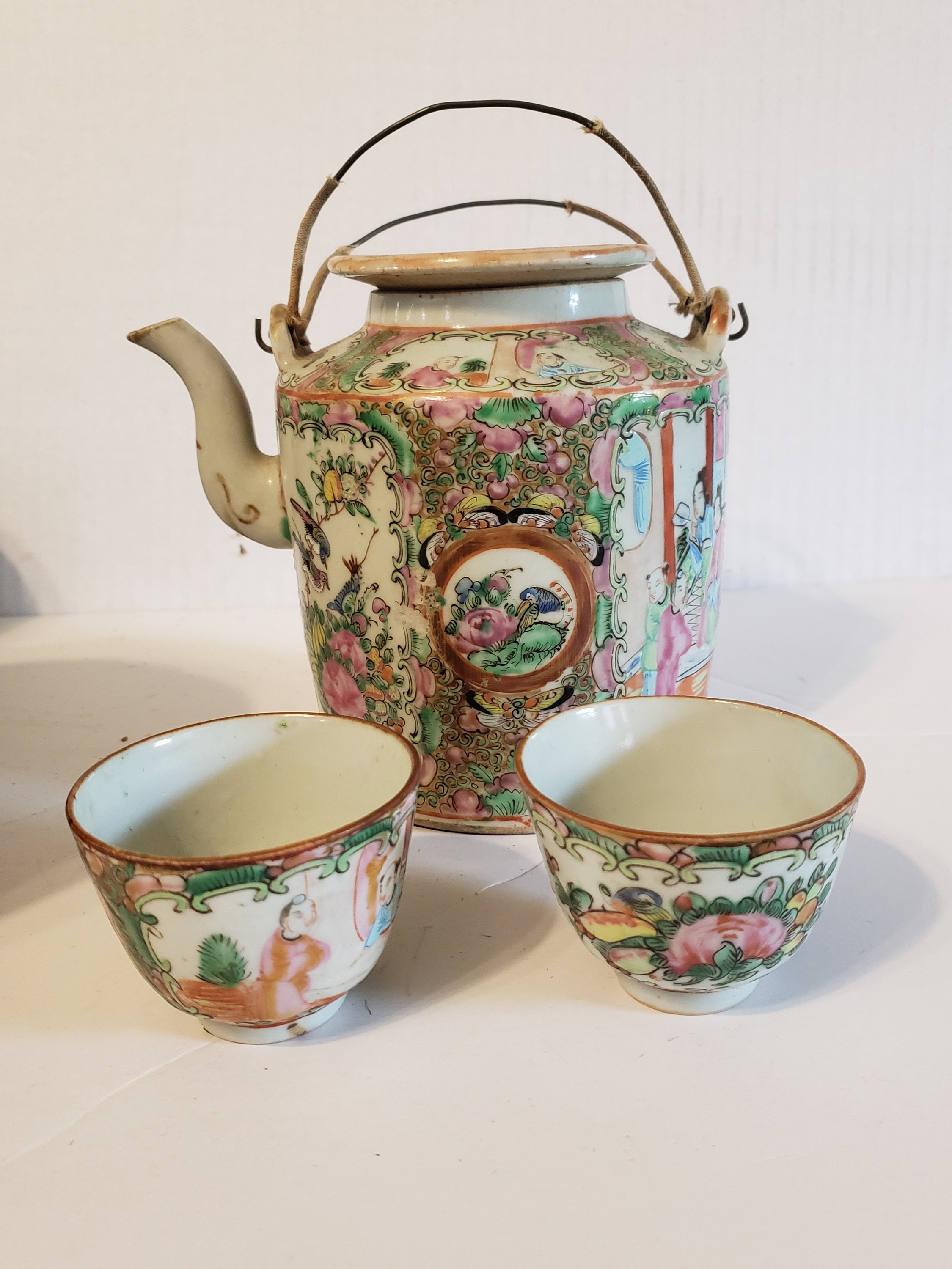 Antique Rose Medallion Tea Set in an Rattan Double Handle Etsy