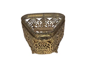 Vintage Ornate Ormolu Triangular Filigree Trinket Footed Jewelry Casket Box