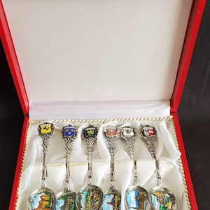 Vintage Set of 6 Germany Collectible Souvenir Enameled Silverplate Spoons Original Box