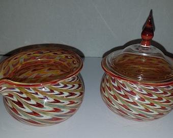 Jason Probstein Signed Art Glass Asheville NC Hand blown Creamer and Lidded Sugar Bowl - HTF