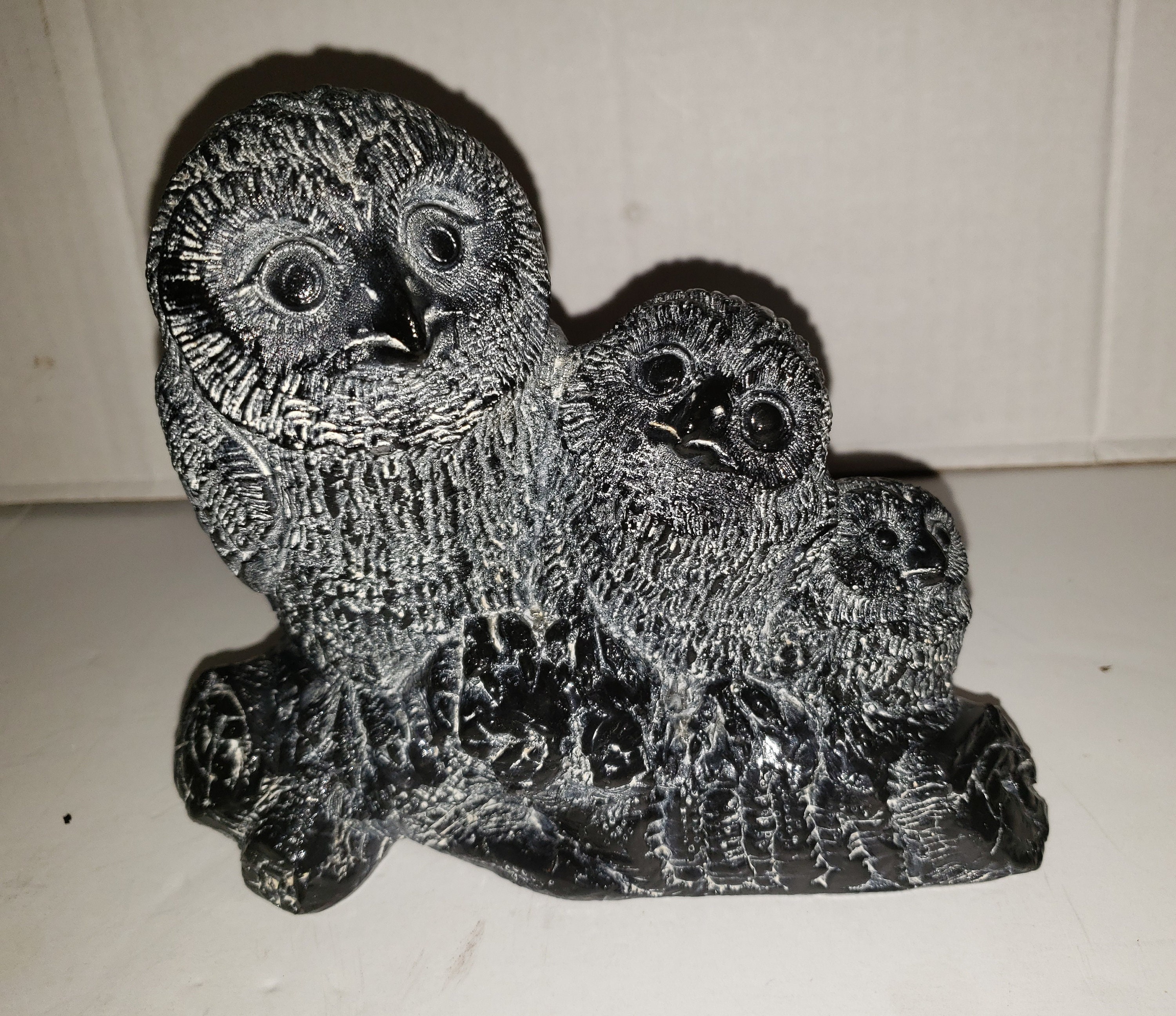 Vintage Aardvark Canada 1972 Three Owls Perched Carved Soapstone Figurine