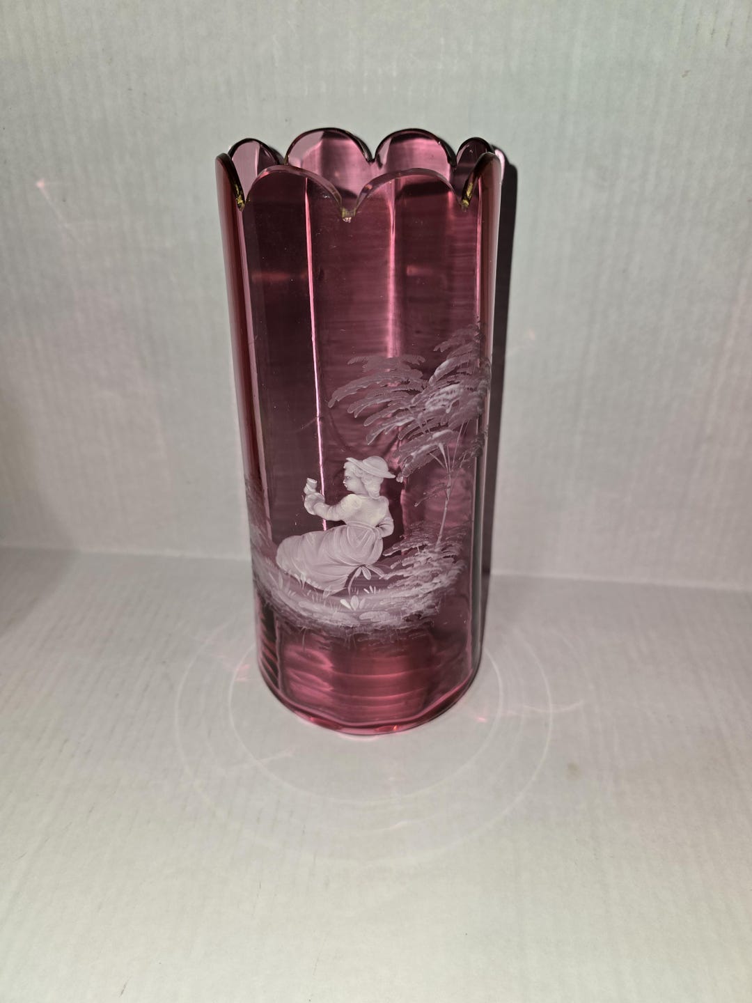 Antique Mary Gregory Enamel Young Girl Under Tree Pink Cranberry Glass ...