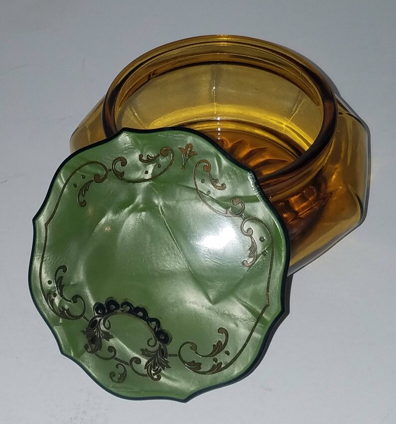 Art Deco Amber Powder Vanity Glass Jar w/ Bakelite / Celluloid Etsy