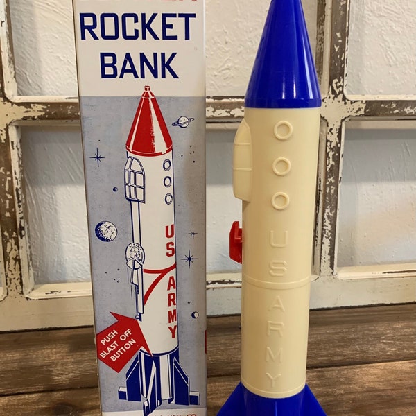 U.S. Army Jupiter Rocket Mechanical Bank Original Box 1950's