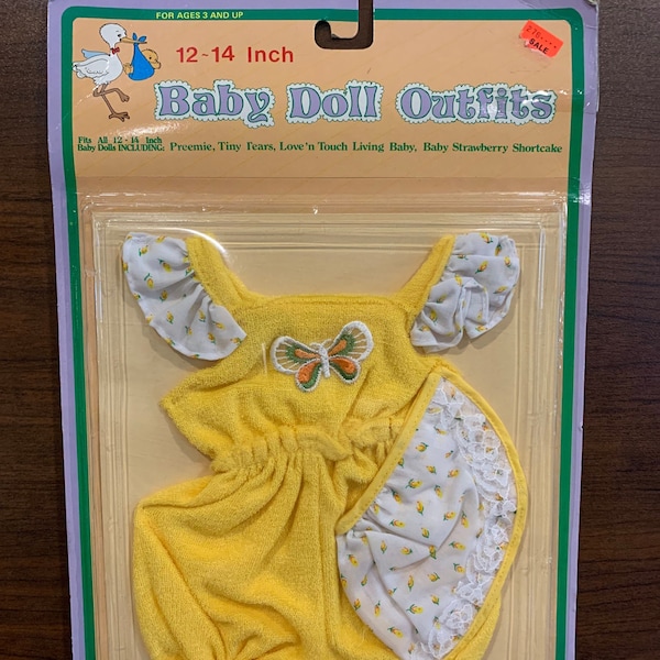 Toy Time 1984 Yellow Baby Doll Outfit Original Package Fits 12 - 14 Inch Dolls
