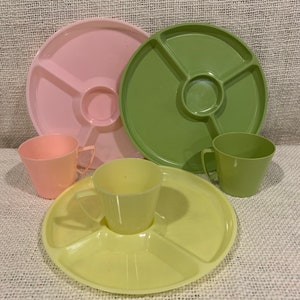 Vintage Divided Snack Plates Matching Colored Cups Set of 3 Pink Yellow Green
