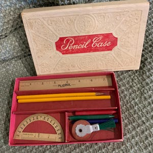 1950&#39;s Cardboard Pencil Case Box Ruler Protractor Typewriter Eraser Supplies