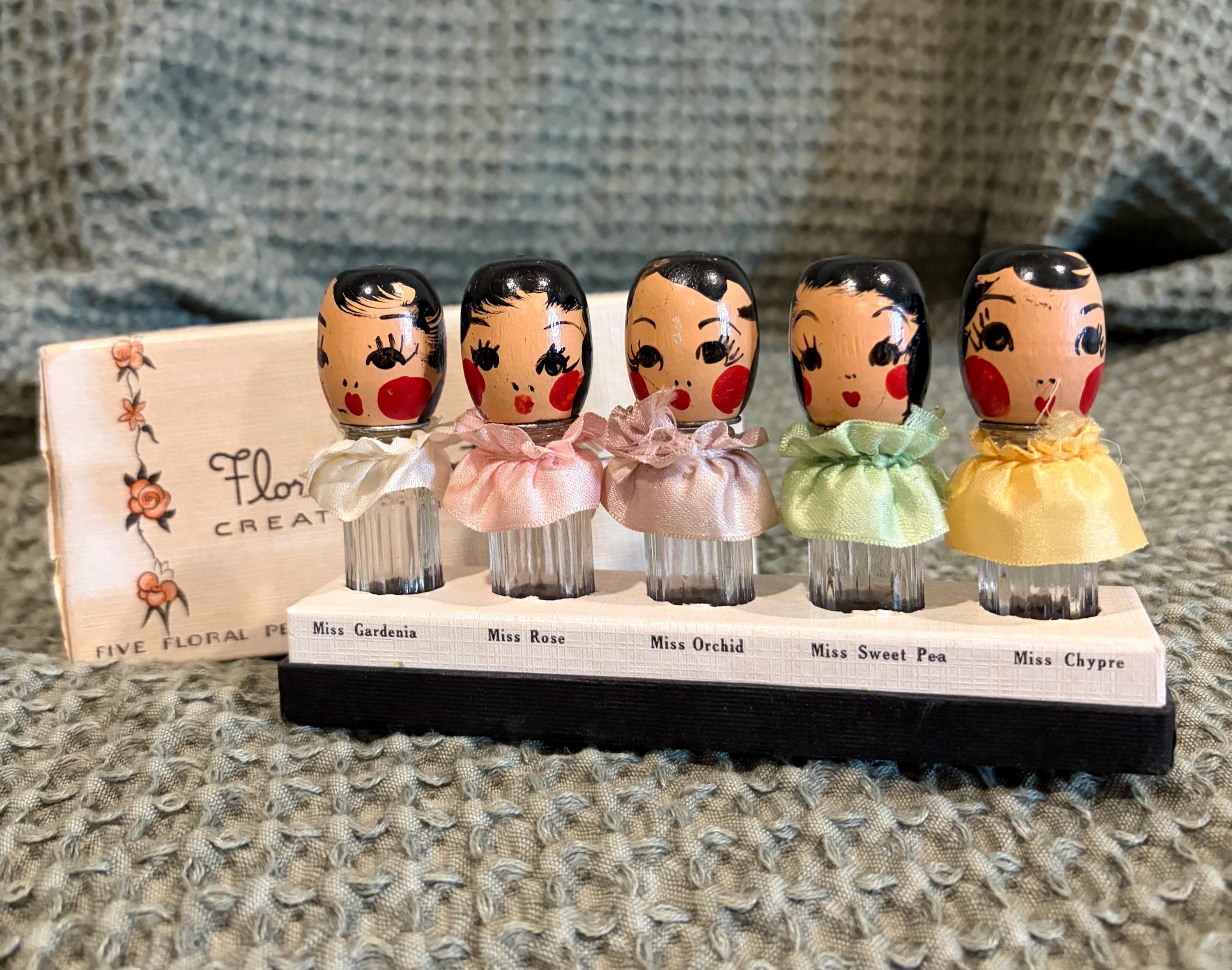 1930's Karoff Floral Quintuplets Lady Perfume Bottles in Original