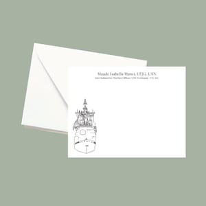 May include: White stationery set featuring a line drawing of a ship. The set includes a folded card with the text "Maude Isabella Manzi, LTJG, USN" and an envelope. The card also has the text "Anti-Submarine Warfare Officer, USS Normandy (CG-60)".