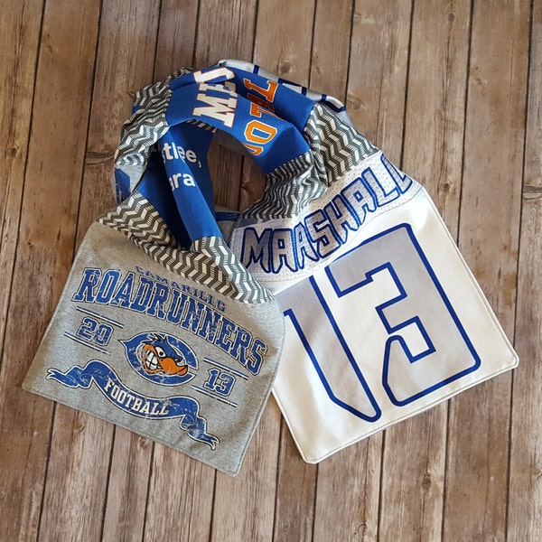 Memory Scarf made with Sports Jerseys, t-shirts or special clothing. Graduation Gift, retirement gift, and gift for mom, dad or student.