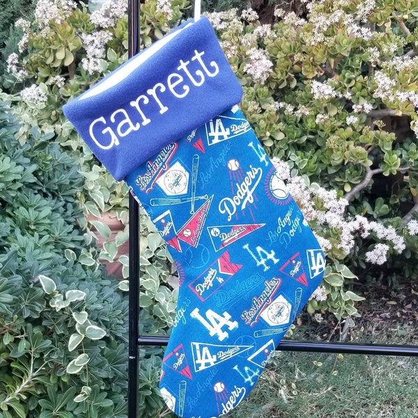 Personalized Christmas Stocking Made with LA dodger fabric, a Christmas stocking with a fleece cuff, Los Angeles Dodgers Fabric Stocking