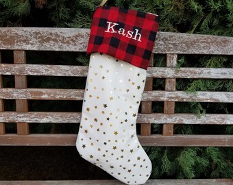 Personalized Christmas stocking, Gold metallic stars stocking, kids stockings, beautiful holiday decor, golden Christmas mantel, Sew4MyLoves