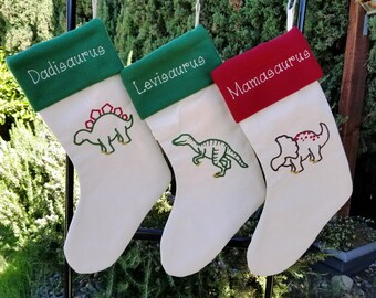 Personalized Christmas stocking, mamasaurus daddysaurus dinosaur stocking, kids stockings, funny holiday decor, colorful Christmas mantel