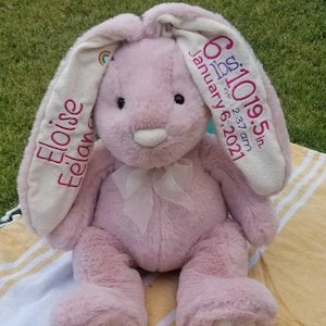 Baby Birth Announcement Bunny, Personalized Bunny with Birth Stats, Birth Announcement, soft bunny for Baby First Easter or Baby Shower gift