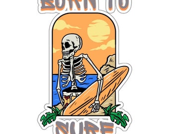 Surfing Sticker, Water Bottle, laptop, car, surf sticker. Vinyl decal sticker for surfers. Surfboard decal, car decal. Fun skeleton surfing