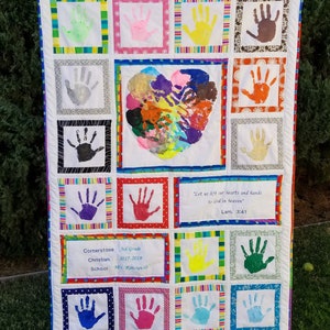 Personalized handprint quilt for Teacher, Heart Hands with bible verse. Teacher gift or Sunday School gift. Silent Auction and class gift. image 3