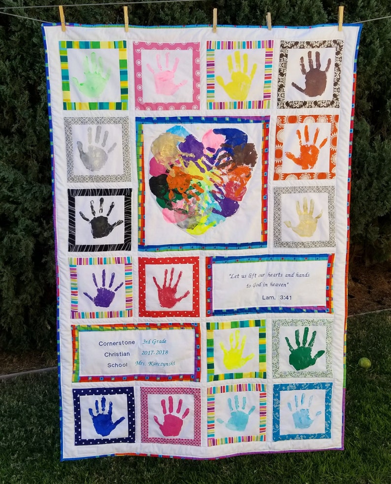 Personalized handprint quilt for Teacher, Heart Hands with bible verse. Teacher gift or Sunday School gift. Silent Auction and class gift. image 3