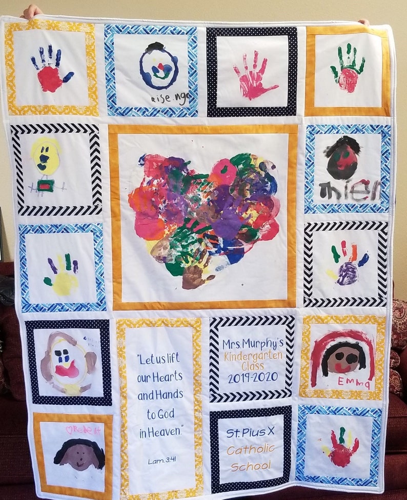 Personalized handprint quilt for Teacher, Heart Hands with bible verse. Teacher gift or Sunday School gift. Silent Auction and class gift. image 8