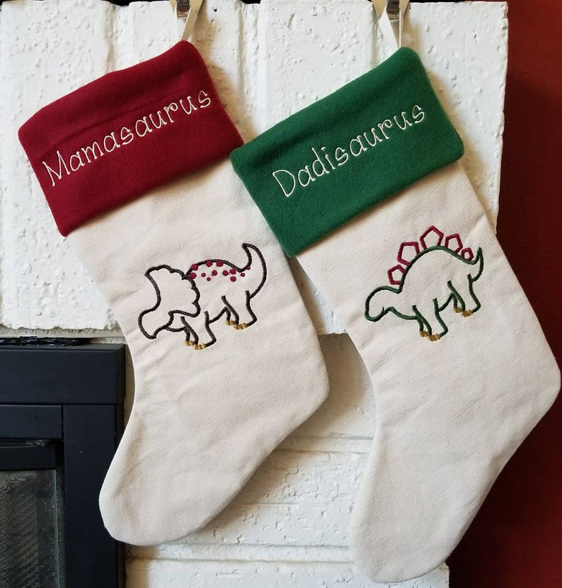 colorful Christmas mantel funny holiday decor kids stockings mamasaurus daddysaurus dinosaur stocking Personalized Christmas stocking