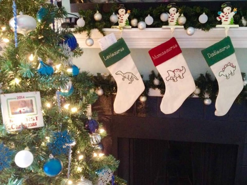 colorful Christmas mantel funny holiday decor kids stockings mamasaurus daddysaurus dinosaur stocking Personalized Christmas stocking