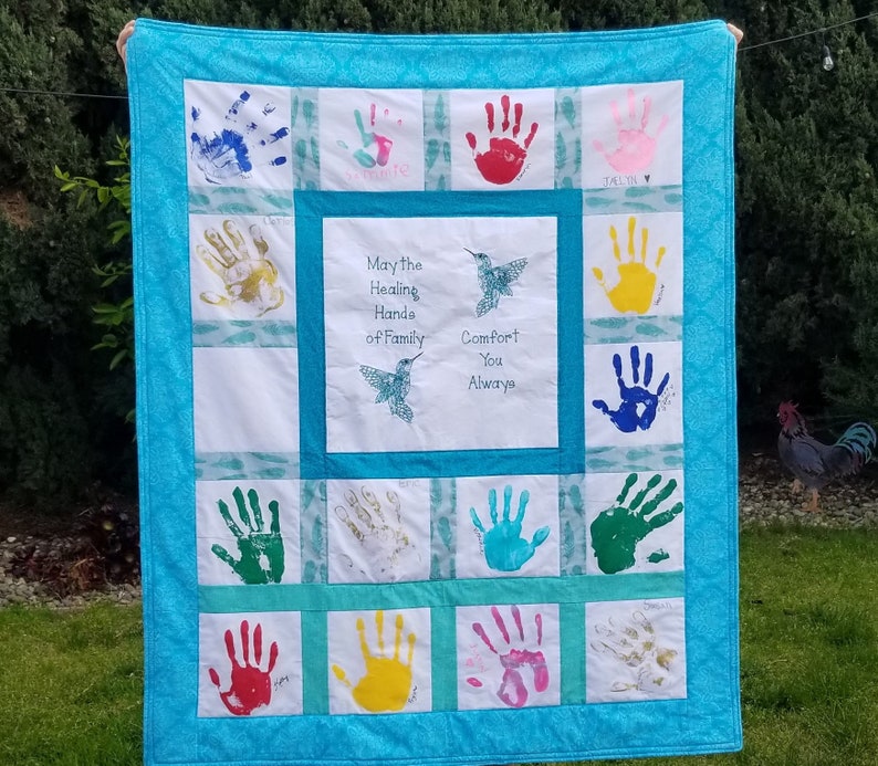 Personalized handprint quilt for Teacher, Heart Hands with bible verse. Teacher gift or Sunday School gift. Silent Auction and class gift. image 9