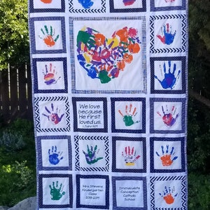 Personalized handprint quilt for Teacher, Heart Hands with bible verse. Teacher gift or Sunday School gift. Silent Auction and class gift. image 2