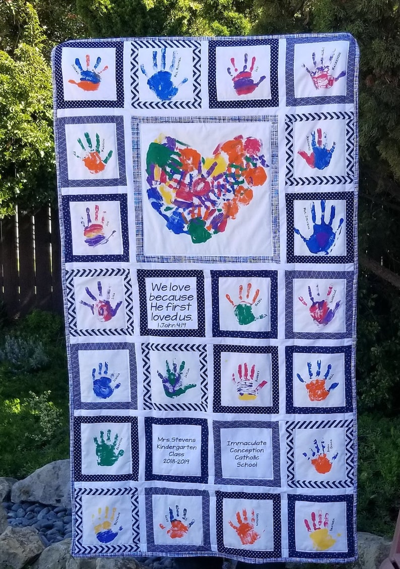 Personalized handprint quilt for Teacher, Heart Hands with bible verse. Teacher gift or Sunday School gift. Silent Auction and class gift. image 2