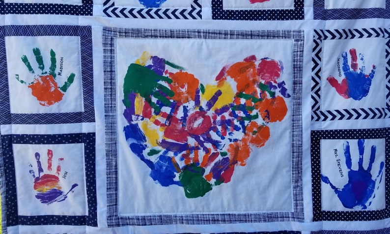 Personalized handprint quilt for Teacher, Heart Hands with bible verse. Teacher gift or Sunday School gift. Silent Auction and class gift. image 6