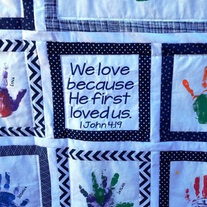 Personalized handprint quilt for Teacher, Heart Hands with bible verse. Teacher gift or Sunday School gift. Silent Auction and class gift. image 7