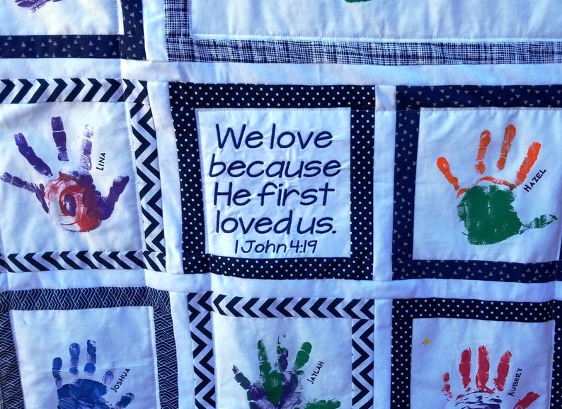 Personalized handprint quilt for Teacher, Heart Hands with bible verse. Teacher gift or Sunday School gift. Silent Auction and class gift. image 7