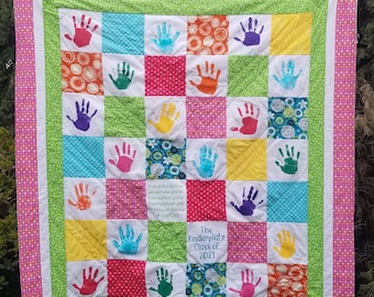 Custom Handprint Quilt, gift for Teacher, gift for Grandma, family memory quilt with handprints.  Silent Auction and class gift.