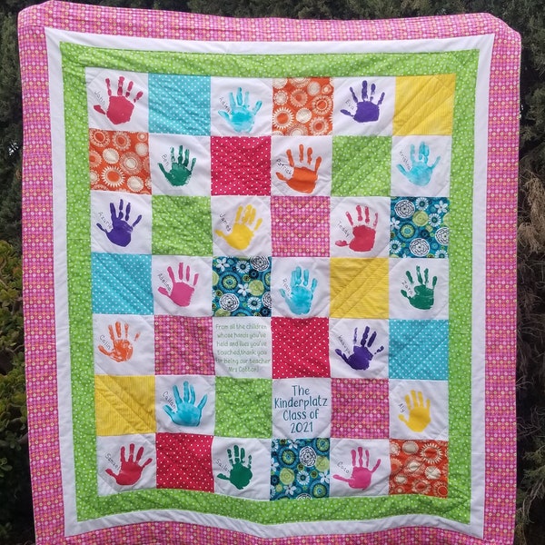 Custom Handprint Quilt, gift for Teacher, gift for Grandma, family memory quilt with handprints.  Silent Auction and class gift.