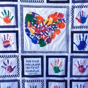 Personalized handprint quilt for Teacher, Heart Hands with bible verse. Teacher gift or Sunday School gift. Silent Auction and class gift. image 4