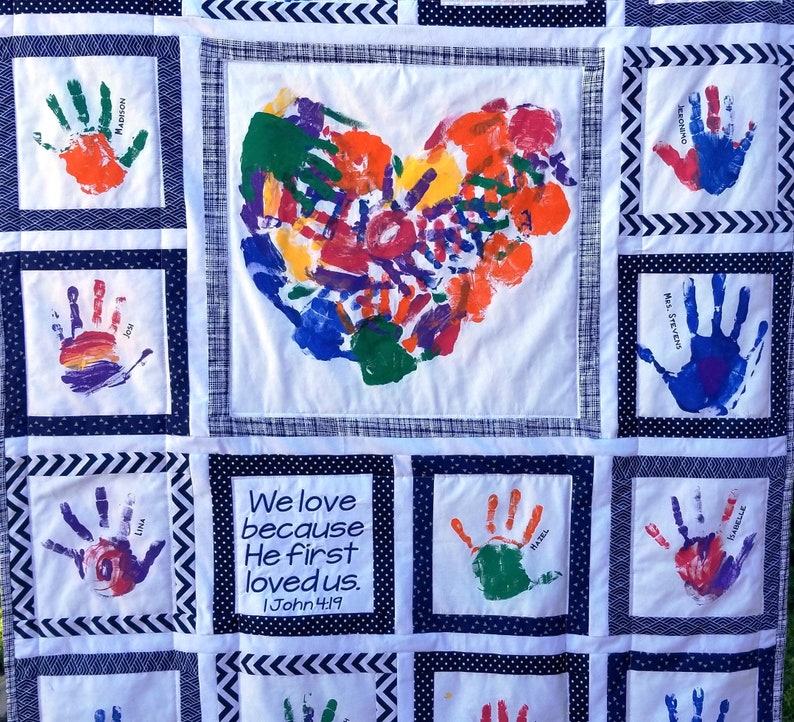 Personalized handprint quilt for Teacher, Heart Hands with bible verse. Teacher gift or Sunday School gift. Silent Auction and class gift. image 4
