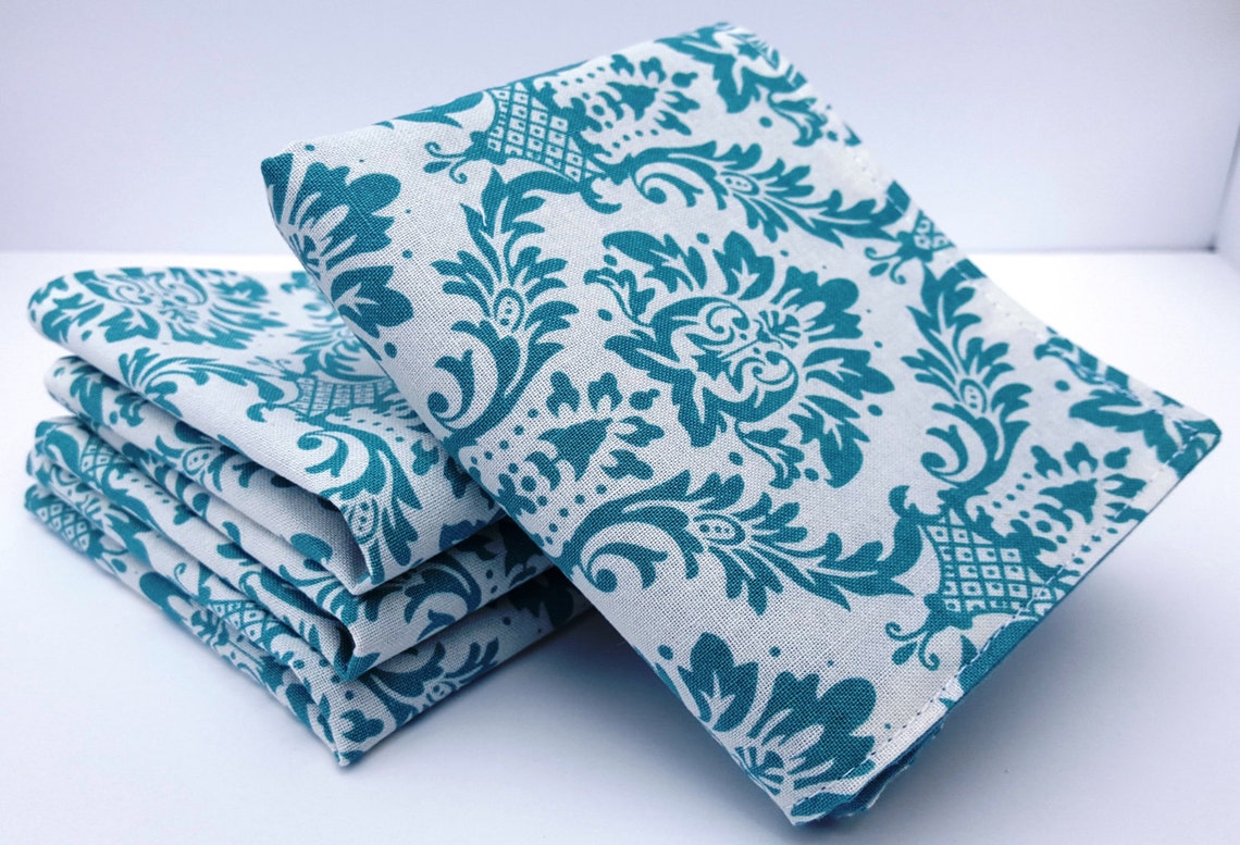 Cloth Napkins Set of 4 Elegant Teal Floral on White Teal Etsy