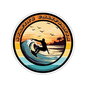 California Surfing Round Sticker with Wave-Riding Surfer. Vinyl decal sticker for surfers. Car decal.