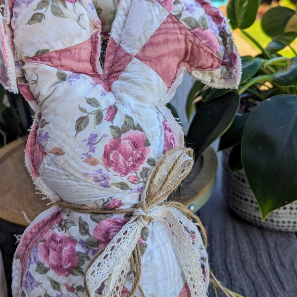 Vintage Repurposed Quilted Easter Bunny - Handmade Unique Collectible - Quilted Bunny decor for your special Easter celebration