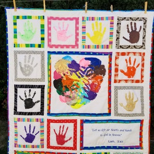 Personalized handprint quilt for Teacher, Heart Hands with bible verse. Teacher gift or Sunday School gift. Silent Auction and class gift. image 1