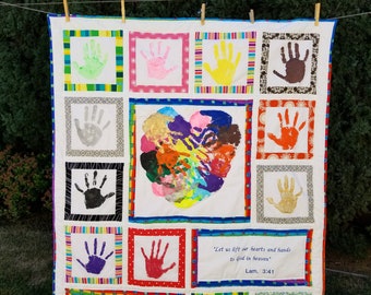 Personalized handprint quilt for Teacher, Heart Hands with bible verse. Teacher gift or Sunday School gift.  Silent Auction and class gift.