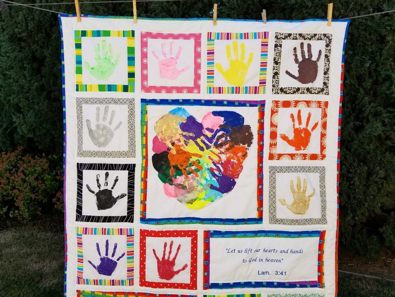 Personalized handprint quilt for Teacher, Heart Hands with bible verse. Teacher gift or Sunday School gift. Silent Auction and class gift. image 1