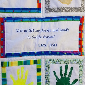 Personalized handprint quilt for Teacher, Heart Hands with bible verse. Teacher gift or Sunday School gift. Silent Auction and class gift. image 5