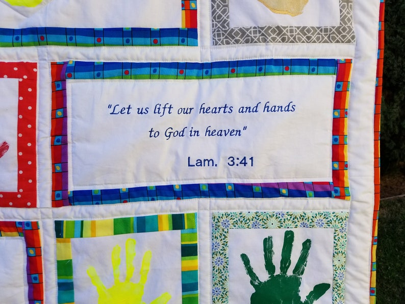 Personalized handprint quilt for Teacher, Heart Hands with bible verse. Teacher gift or Sunday School gift. Silent Auction and class gift. image 5