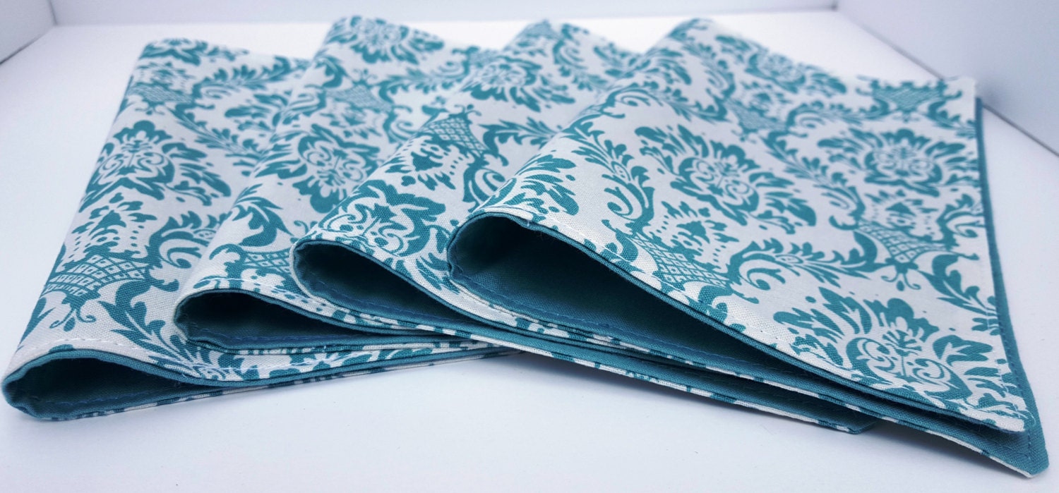 Cloth Napkins Set of 4 Elegant Teal Floral on White Teal Etsy